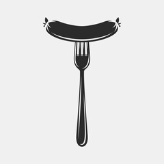 Vector Monochrome Sausage and Fork Closeup Isolated. Sausage Design Template, Clipart