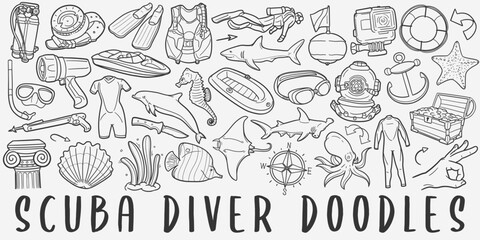 Scuba doodle icon set. Water Sports Vector illustration collection. Diving Banner Hand drawn Line art style.