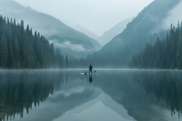 Paddleboarder on a crystal-clear lake at dawn, Paddleboarder glides over a mirror-like lake, fog-veiled forested hills enveloping the tranquil, dusky waterway....