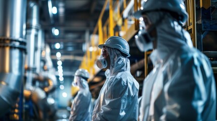 A group of workers in protective gear monitoring the production process in a large production plant. The image conveys the safety and precision involved in utilizing tingedge technologies .