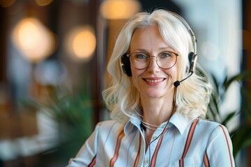 Portrait of blonde mature female in wireless headset with microphone smiling on blurred background. Successful head of consulting company getting ready for online communication, Generative AI - obrazy, fototapety, plakaty