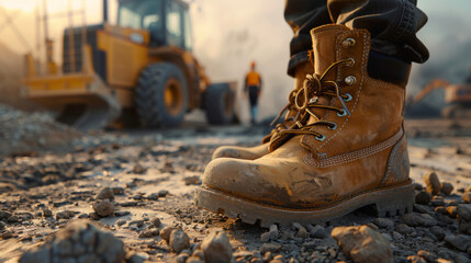 A detailed view of a muddy work boot with construction equipment and worker in the background.