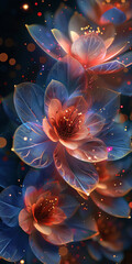 Transparent blossom flower in close up with golden and blue lights in dark background