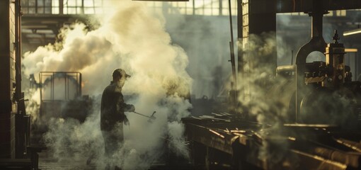 In a cloud of steam and sweat a group of blacksmiths hard at work can be seen through the open doorway of a workshop their muscles flexing as they shape redhot metal into intricate . - obrazy, fototapety, plakaty