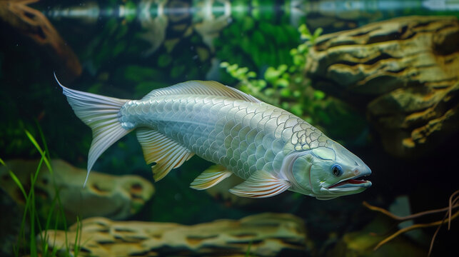 Silvery Platinum Arowana fish swimming in a home aquarium.