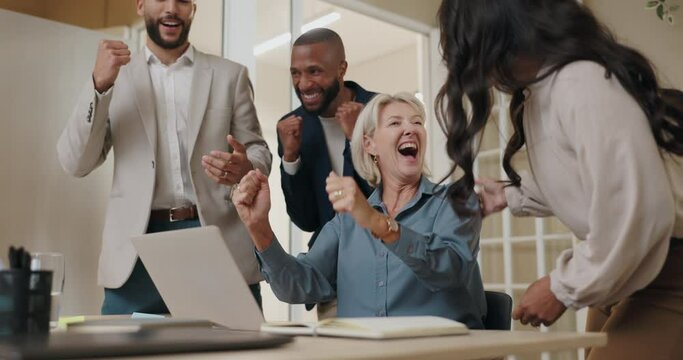 Business people, laptop and celebration of success, winning and news, results or startup sales. Excited group, boss or senior woman yes, clapping and high five for email, target and bonus on computer