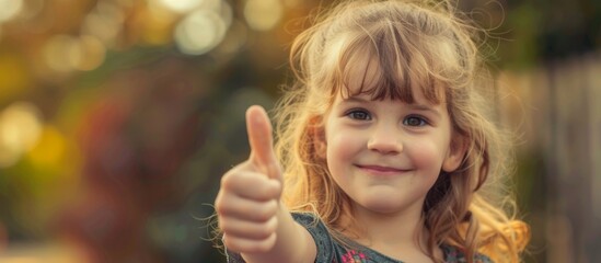 A pleased and ardent little girl expressing her agreement by raising her thumb in an upward gesture