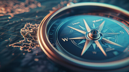 Dynamic 3D compass icon pointing towards an exotic destination map texture background