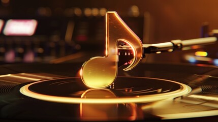 Obraz premium Gleaming 3D musical note icon floating above a vinyl record blurred record player arm in the background
