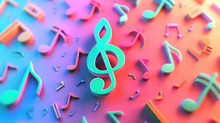 Colorful 3D treble clef icon surrounded by musical notes