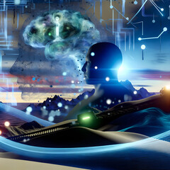 A digital illustration that merges concepts of the human mind, technology, and the cosmos.