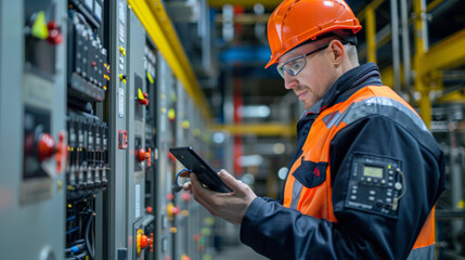 Electrical technician in hard hat using a digital tablet to monitor system in a power plant.