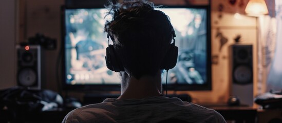 An individual seated in front of a television set, engrossed in a video game while wearing headphones for immersive audio experience - obrazy, fototapety, plakaty
