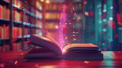 Bright 3D book icon with pages fluttering on a library background