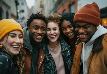 A group of multiethnic friends having fun together in the city, smiling and laughing while standing outdoors with their arms around each other's shoulders