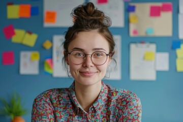 Calm busy woman in eyeglasses looking at camera with smile while sitting in workspace with coloruful stickers on wall. Pretty hospitable secretary in shirt meeting business partners, Generative AI