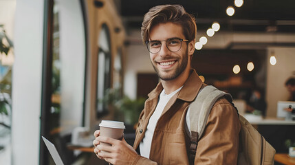 hombre con lentes sonriente en su oficina en su despacho con su café en la mano llegando a trabajar y listo para hacer negocios joven casual con mochila