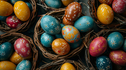 An assortment of vibrant, hand-painted Easter eggs nestled in natural twig baskets.