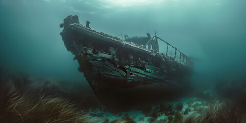 Haunting Shipwreck Lost Vessel in the Sea - obrazy, fototapety, plakaty