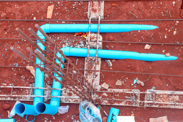 Sewer pipes in the construction of a family house, top view