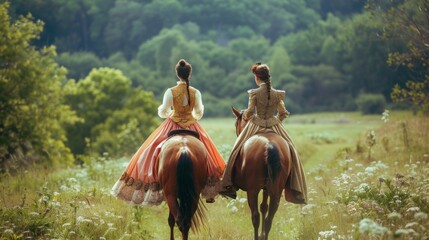 Two women in Victorian attire ride on horseback through the countryside backs turned to the camera as they explore the vast . .