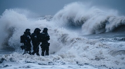 A group of officers stands strong against a backdrop of raging waves wind and rain their determined expressions a testament to their unwavering resilience in the face of tumultuous . - obrazy, fototapety, plakaty