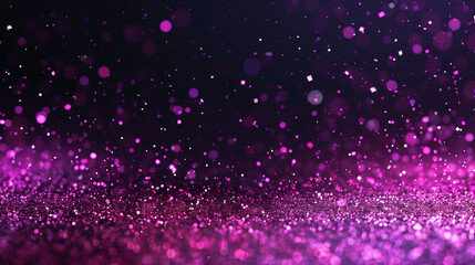 Obraz premium Black background with pink glitter falling on it, pink particles, vector illustration, flat design, high resolution, high detail, Defocused Lights, Glittering magenta confetti on black isolated. 