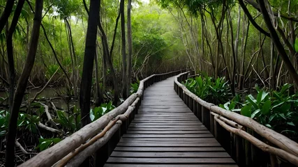Gartenposter Wooden Bridge Paths Through Lush Forest Landscapes." © Ali Khan