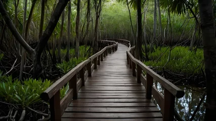 Fototapeten Wooden Bridge Paths Through Lush Forest Landscapes." © Ali Khan