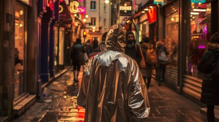 A person wrapped in a metallic trench coat stands at the edge of the alley augmented eyes scanning the crowded street for any . .