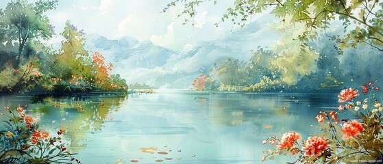Fototapeta na wymiar A peaceful watercolor scene of a tranquil lake surrounded by lush greenery and blooming flowers