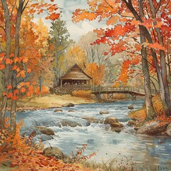 A watercolor depiction of a peaceful riverside in autumn, with leaves in shades of orange and red, a gently flowing river, and a small, rustic wooden bridge