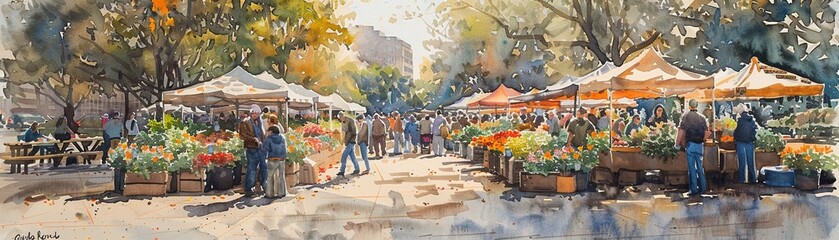 A watercolor depiction of a bustling farmers market on a sunny morning, with stalls of fresh produce, flowers, homemade goods, and people mingling and shopping - obrazy, fototapety, plakaty