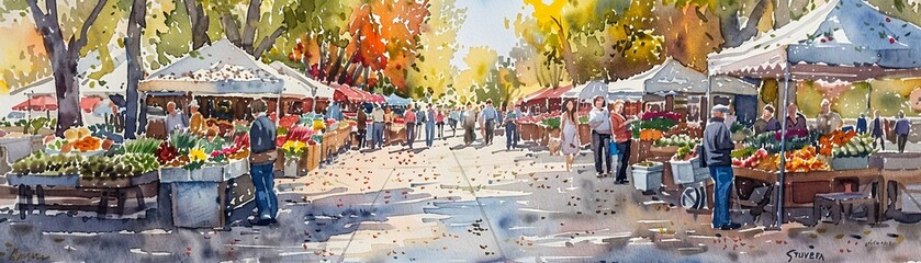A watercolor depiction of a bustling farmers market on a sunny morning, with stalls of fresh produce, flowers, homemade goods, and people mingling and shopping