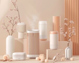 Fototapeta na wymiar 3D-rendered air purifiers, humidifiers, and smart hubs in soft, soothing clay tones