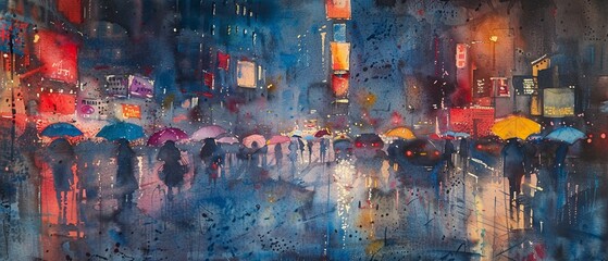 An atmospheric watercolor depiction of a rainy cityscape, with glistening wet streets, colorful umbrellas dotting the scene, and the soft, blurred lights of the city at night