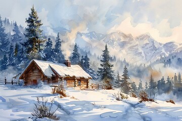 watercolor drawing of a snowy winter landscape with a small, cozy cabin, smoke rising from the chimney, surrounded by pine trees and a blanket of fresh, untouched snow