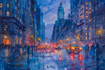 watercolor of a bustling city street at twilight, with glowing streetlights, pedestrians in warm coats, and cars moving past, all reflected on wet pavement under a deep blue sky