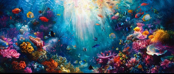 watercolor of a vibrant coral reef underwater scene, teeming with colorful fish, corals, and sunlight filtering through the water, creating a mosaic of light on the ocean floor - obrazy, fototapety, plakaty