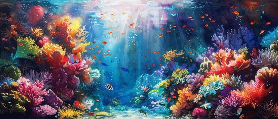 Obraz na płótnie Canvas watercolor of a vibrant coral reef underwater scene, teeming with colorful fish, corals, and sunlight filtering through the water, creating a mosaic of light on the ocean floor