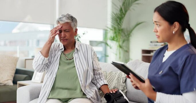Senior, woman and vr headset, nurse and house, headache and consulting by caregiver and living room. Virtual reality, medical and professional with elderly female person, tablet and talk for support