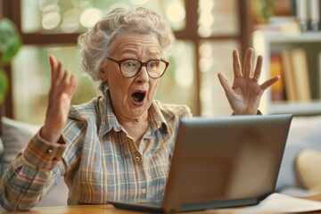Shocked senior business woman sitting in the office at the desk and looking worriedly at the laptop screen. Problems with accounts, received bad news in the mail, reads the, Generative AI