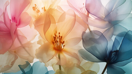 Closeup of translucent, ethereal flower petals in pastel shades, soft and romantic.