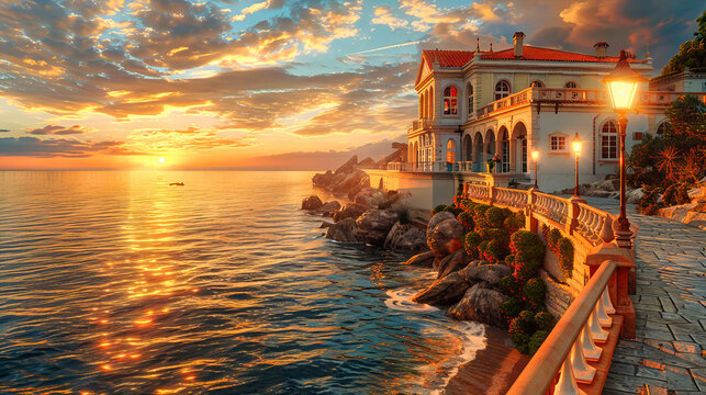 Cinque Terre Village at Sunset, Italian Riviera Beauty, Scenic Coastline and Colorful Houses