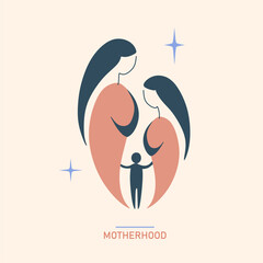 Happy family icon in simple figures. Two women and kid stand together. Emblem for branding. Adoption, protection and insurance concept.