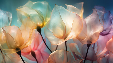 Closeup of translucent, ethereal flower petals in pastel shades, soft and romantic.