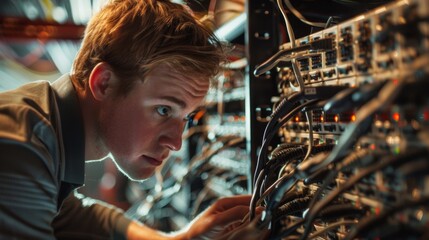 A dynamic photo of an IT expert in their element crouched in front of a server rack and expertly connecting cables and troubleshooting an issue displaying their vast knowledge and . - obrazy, fototapety, plakaty
