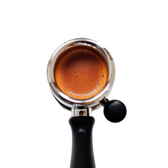 Porta filter with ground coffee, coffee powder, brewed coffee , coffee machine, coffee maker