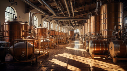 Fototapeta premium Symphony of Craft: A Cellar's Embrace - Wood, Metal, and the Art of Wine