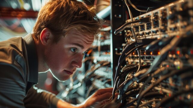A dynamic photo of an IT expert in their element crouched in front of a server rack and expertly connecting cables and troubleshooting an issue displaying their vast knowledge and .